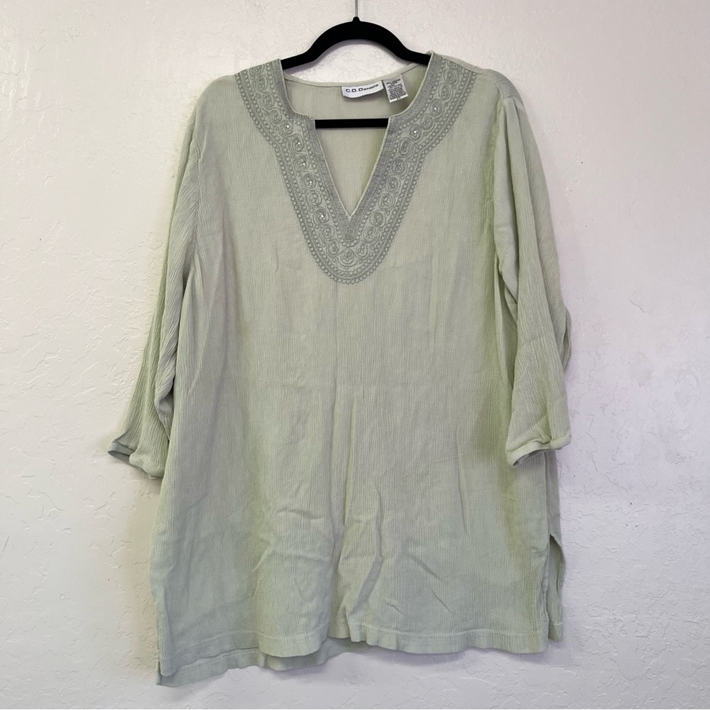 CD Daniels Pale Sage Crinkle Viscose Rayon Tunic‎ Embroidered Neck Sz 2X GUC